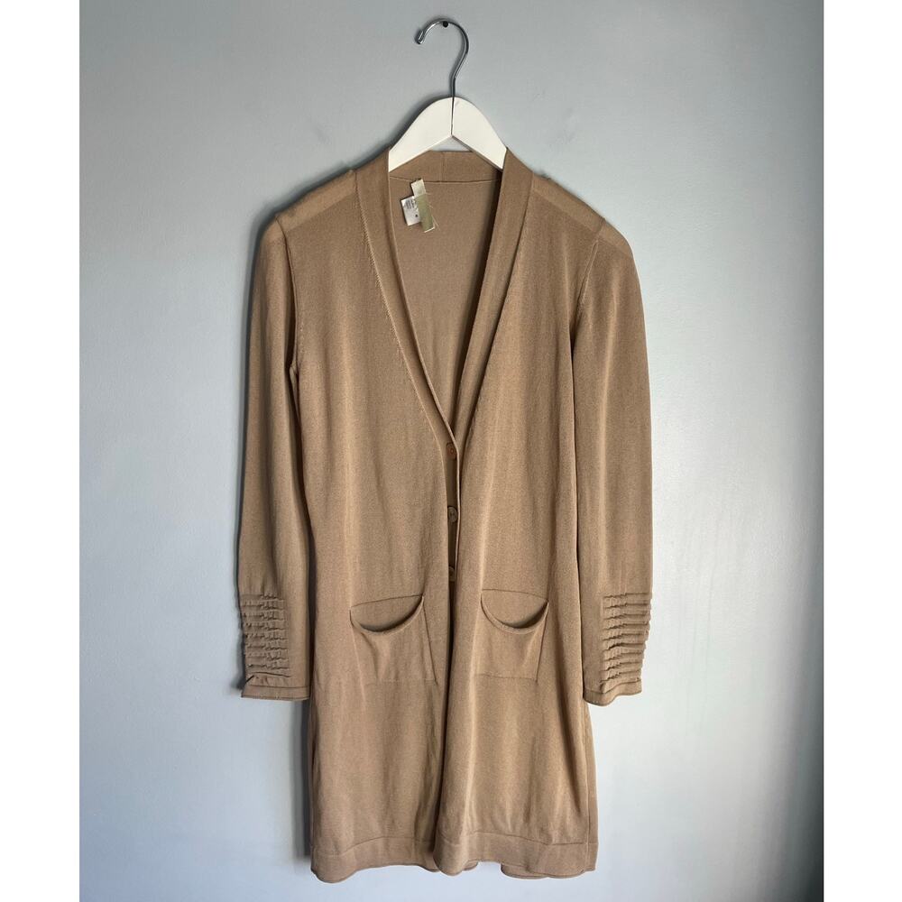 D. Exterior Italian Knit Camel Cardigan Duster M Pockets Quiet Luxury Neutral